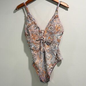 Jessica Simpson Women's Paisley One Piece with Tie Up Front Orange Gray Size M